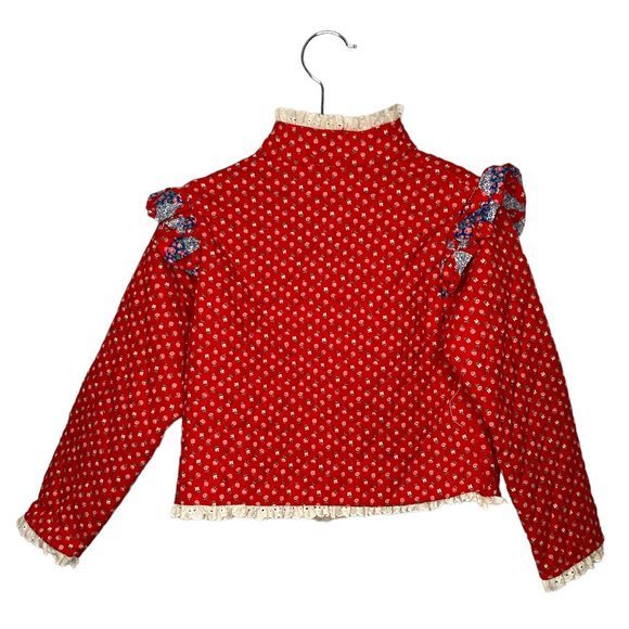 Vintage 80s 90s Doe-Spun Kids Girls 4 Red Floral Quilted Ruffle Lace Jacket - Picture 2 of 4